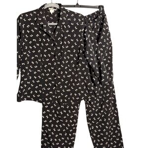 Appleseeds Black Bow Print Button Top and Bottoms Set Women's